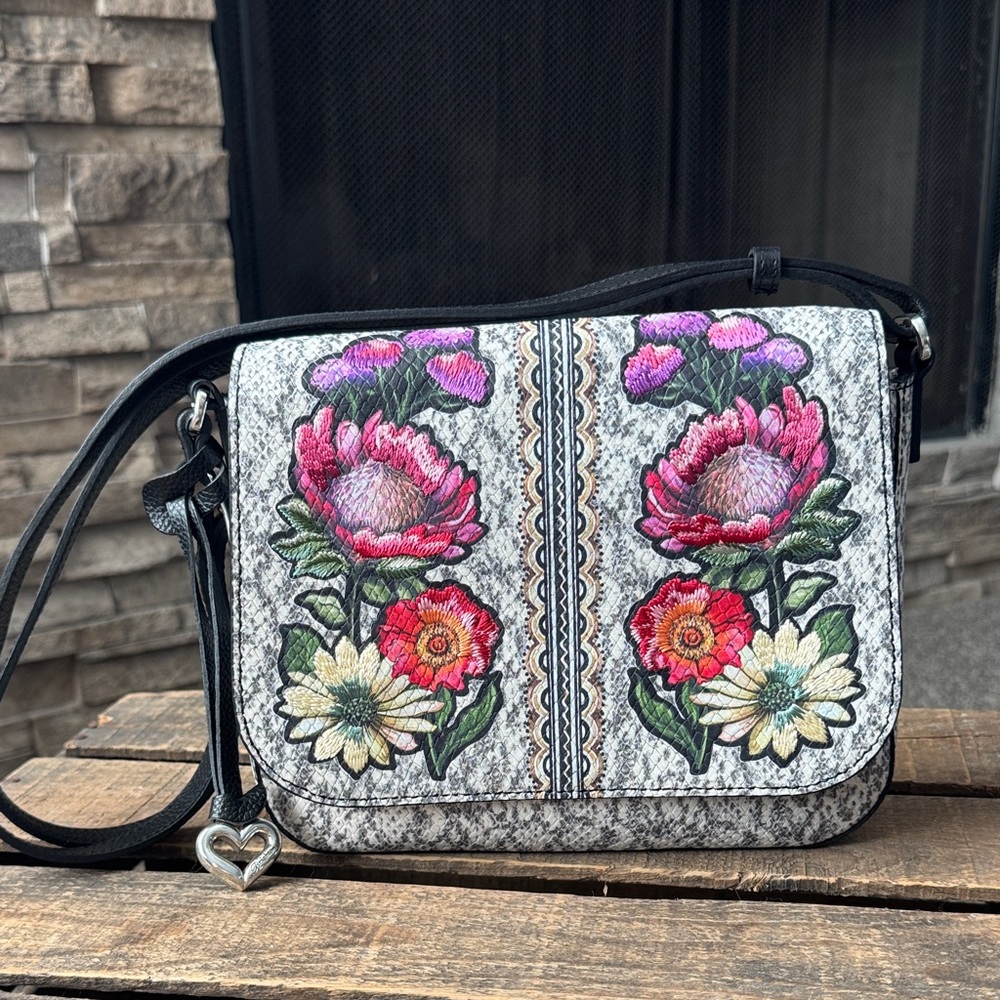 Brighton Africa Stories Mara Leather Painted Floral Embroidered Crossbody NWOT
